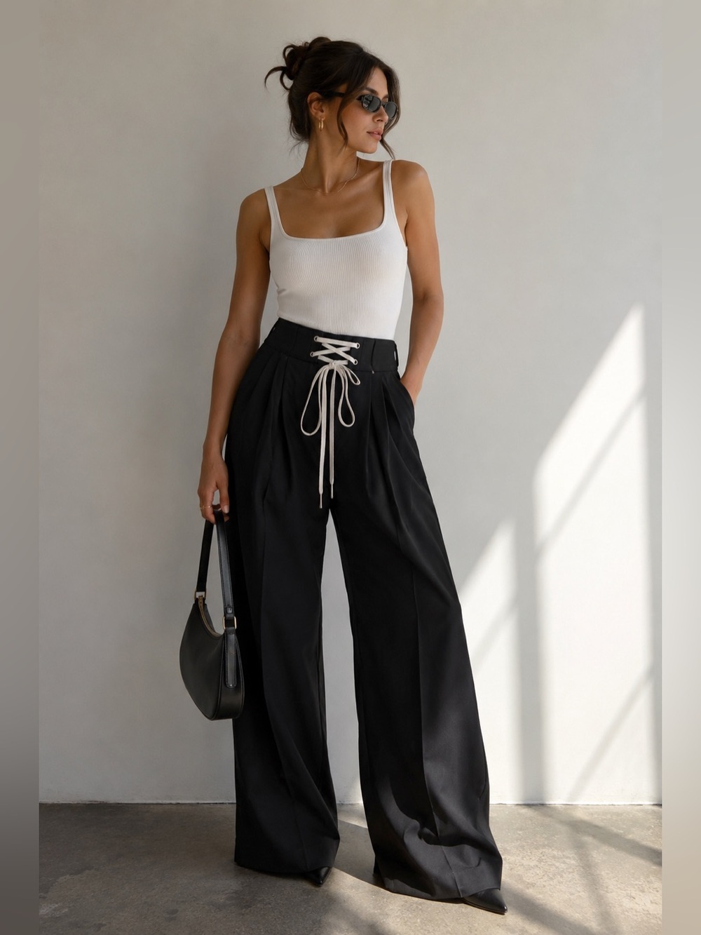 Commense Black High Waisted Wide Leg Lace Up Pants Size XS NWT